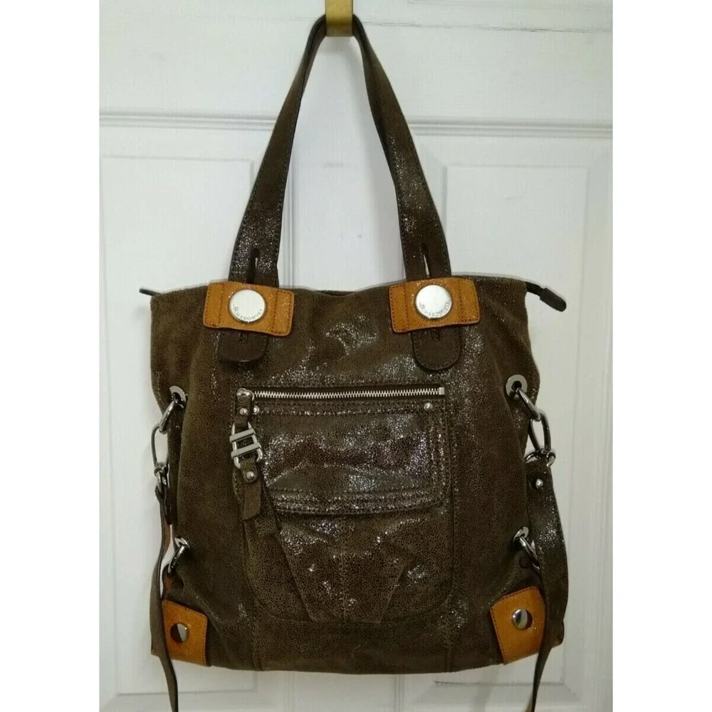 B. Makowsky Brown Metallic Leather Large Satchel Shoulder Bag